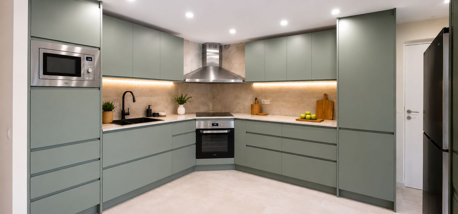 Reforma de cocina moderna en Vallirana con mobiliario verde mate Construcción de cocina en Vallirana | Cocina moderna en vivienda unifamiliar Reforma de cocina moderna en Vallirana con mobiliario verde mate