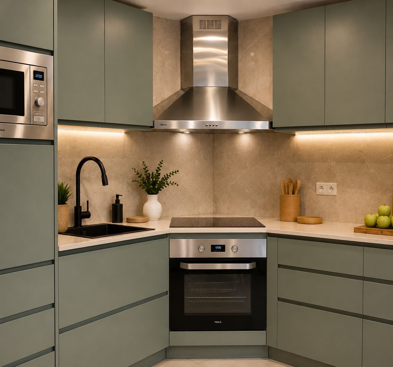 Zona de cocción con placa, horno y campana esquinera Construcción de cocina en Vallirana | Cocina moderna en vivienda unifamiliar Zona de cocción con placa, horno y campana esquinera